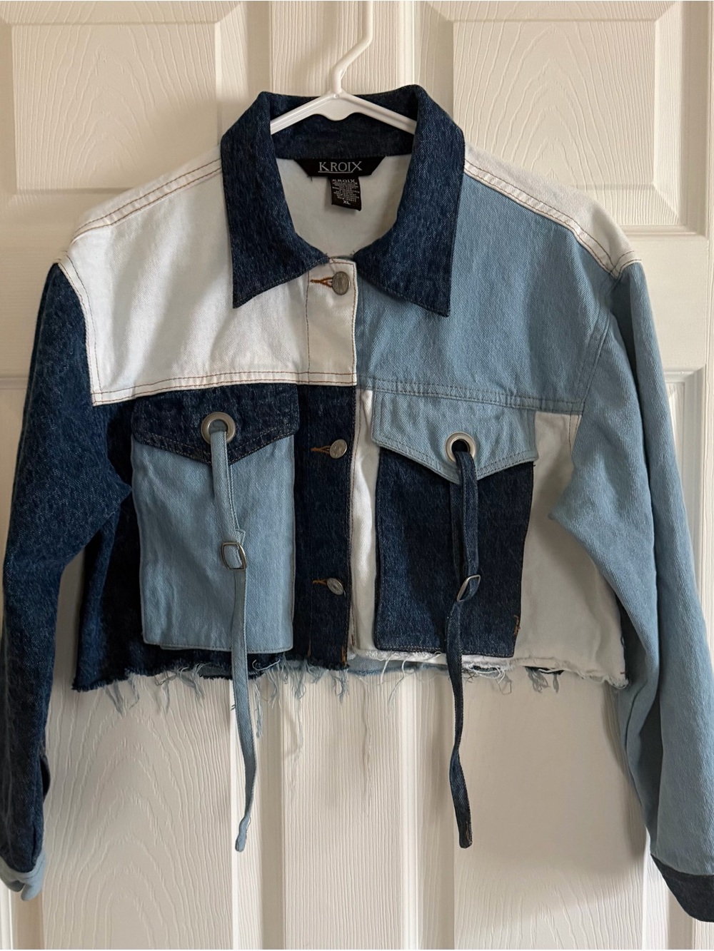 Kroix Multi-Tone Denim Cropped Jacket - Blue/Light Blue/White Size XL
